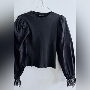 Zara Black Long Sleeve Top with Embroidered Cuffs